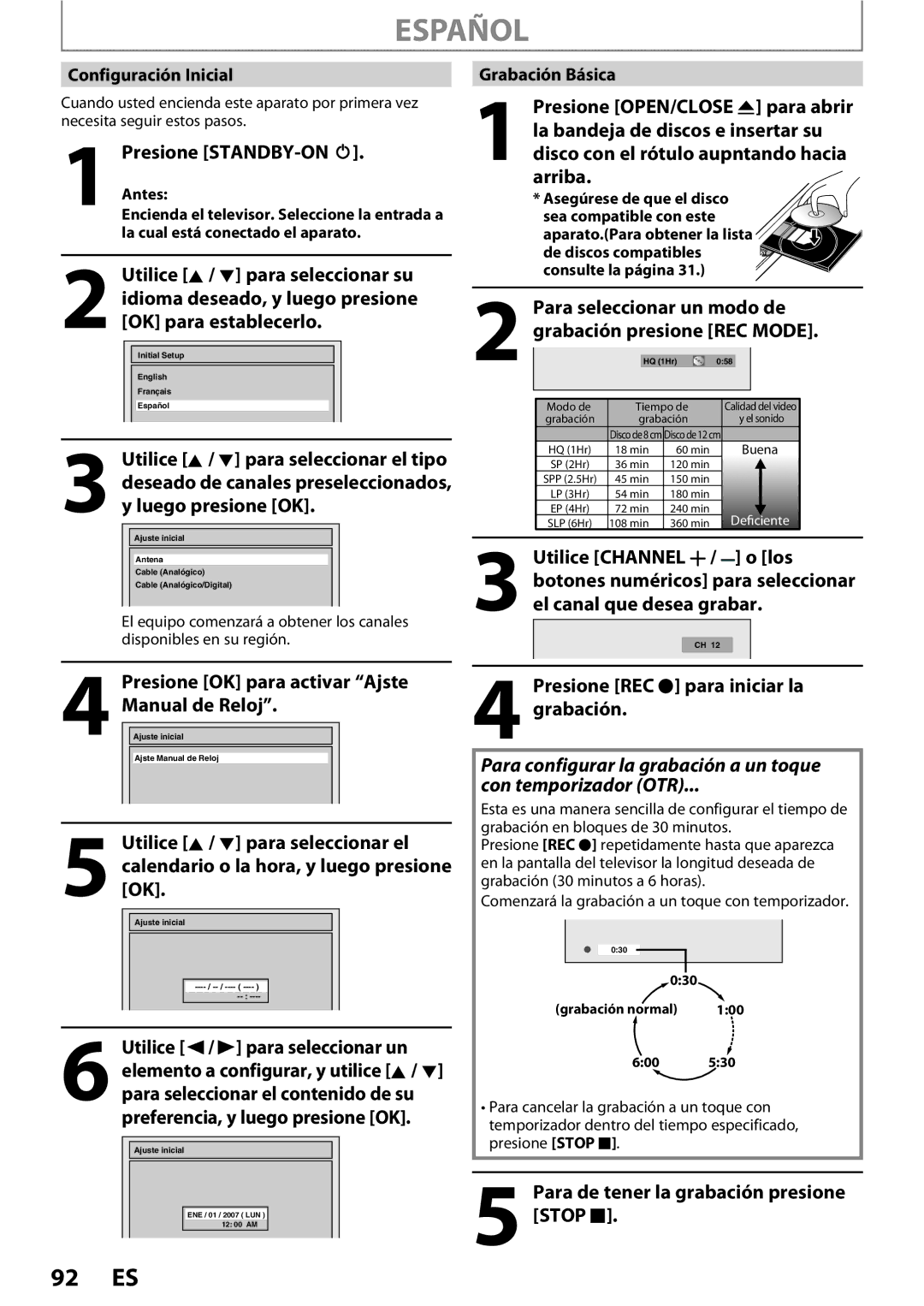 Magnavox ZC352MW8 owner manual Presione STANDBY-ON y, Presione OK para activar Ajste Manual de Reloj, Arriba 