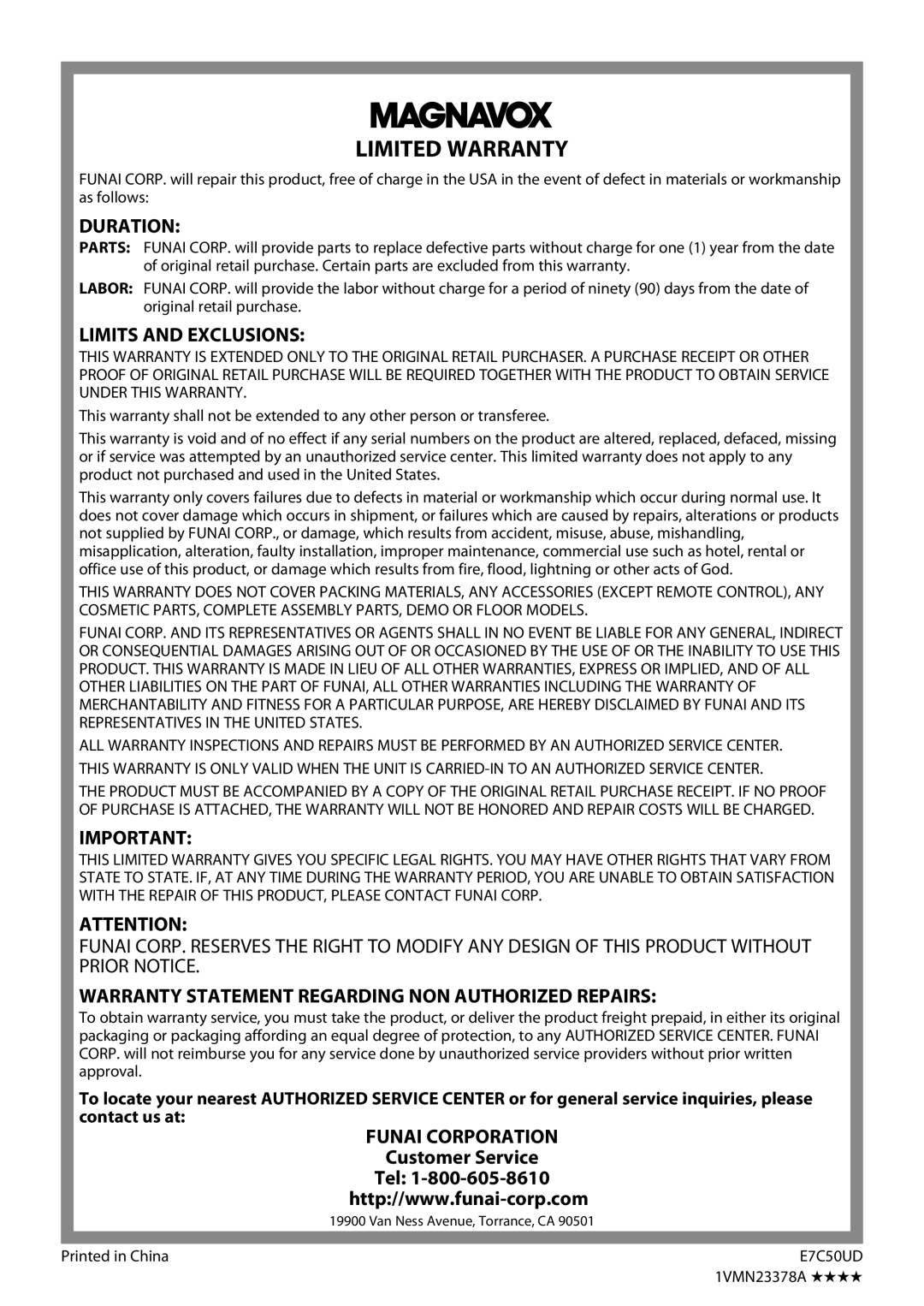 Magnavox ZC352MW8 owner manual Customer Service, Tel, 1VMN23378A 