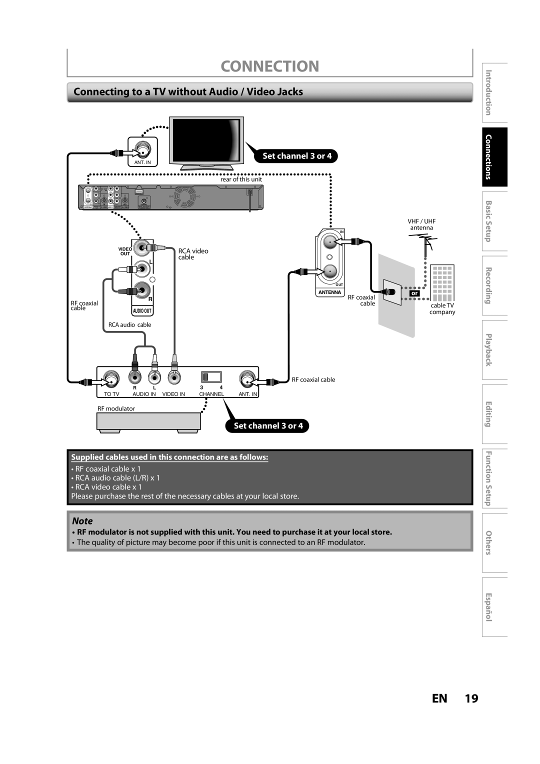 Magnavox ZC357MGX owner manual Connecting to a TV without Audio / Video Jacks, Set channel 3 or 