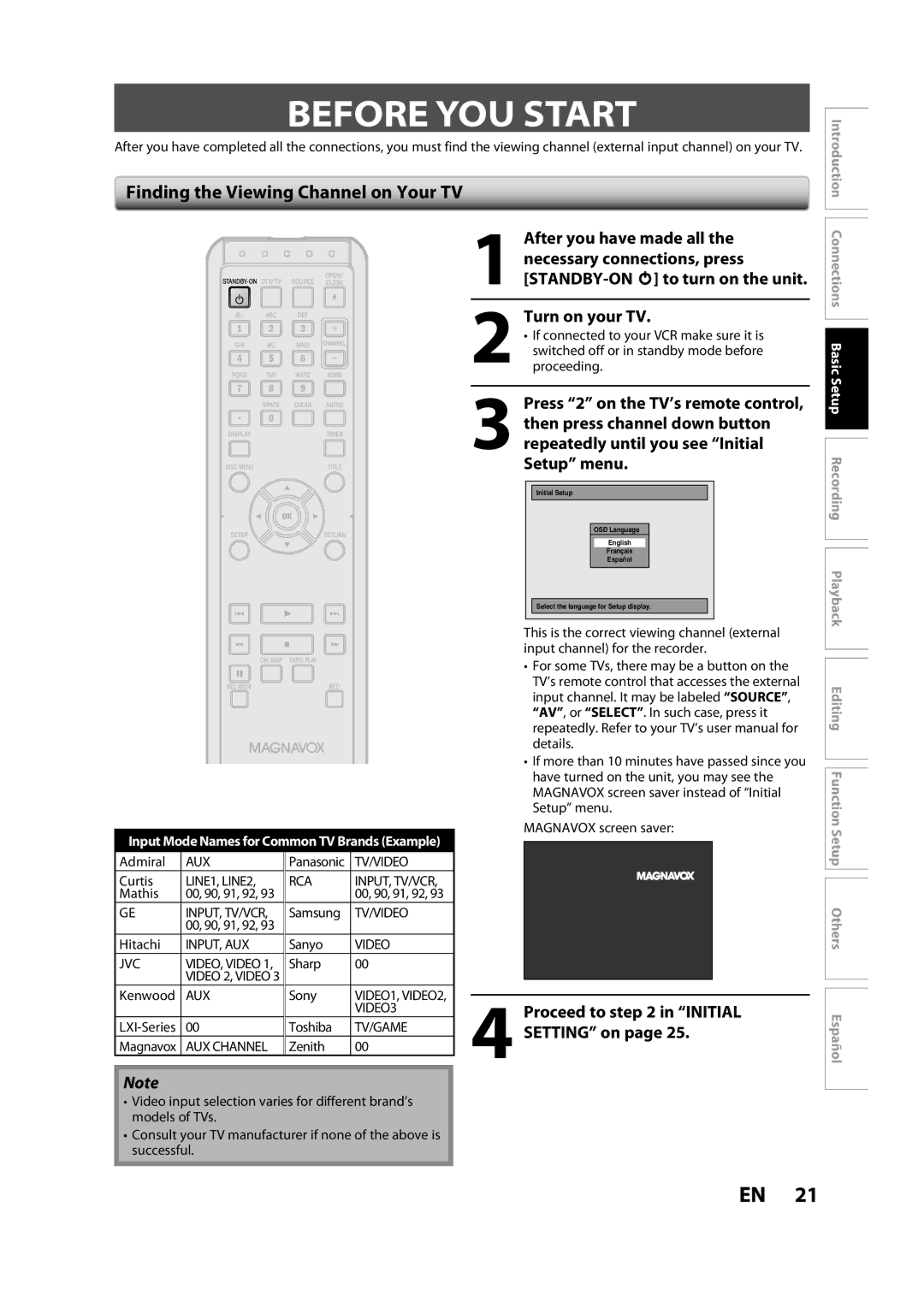 Magnavox ZC357MGX Before YOU Start, Finding the Viewing Channel on Your TV, Turn on your TV, Proceed to in Initial 