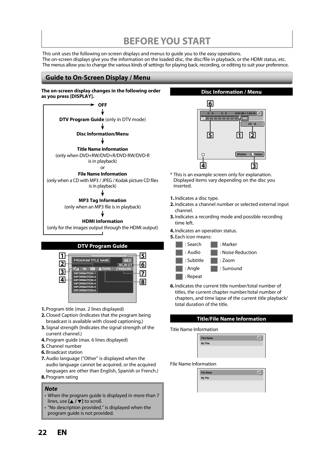 Magnavox ZC357MGX owner manual Before YOU Start, Guide to On-Screen Display / Menu, Hdmi Information 