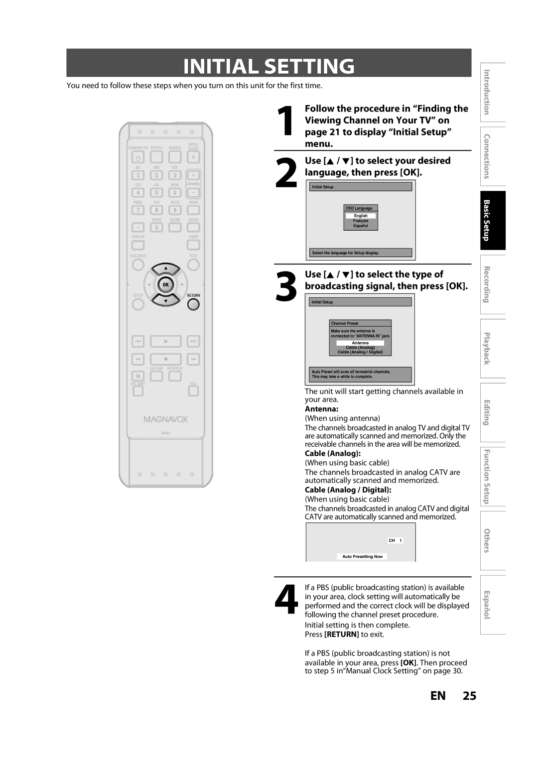 Magnavox ZC357MGX owner manual Initial Setting, Antenna, Cable Analog / Digital 