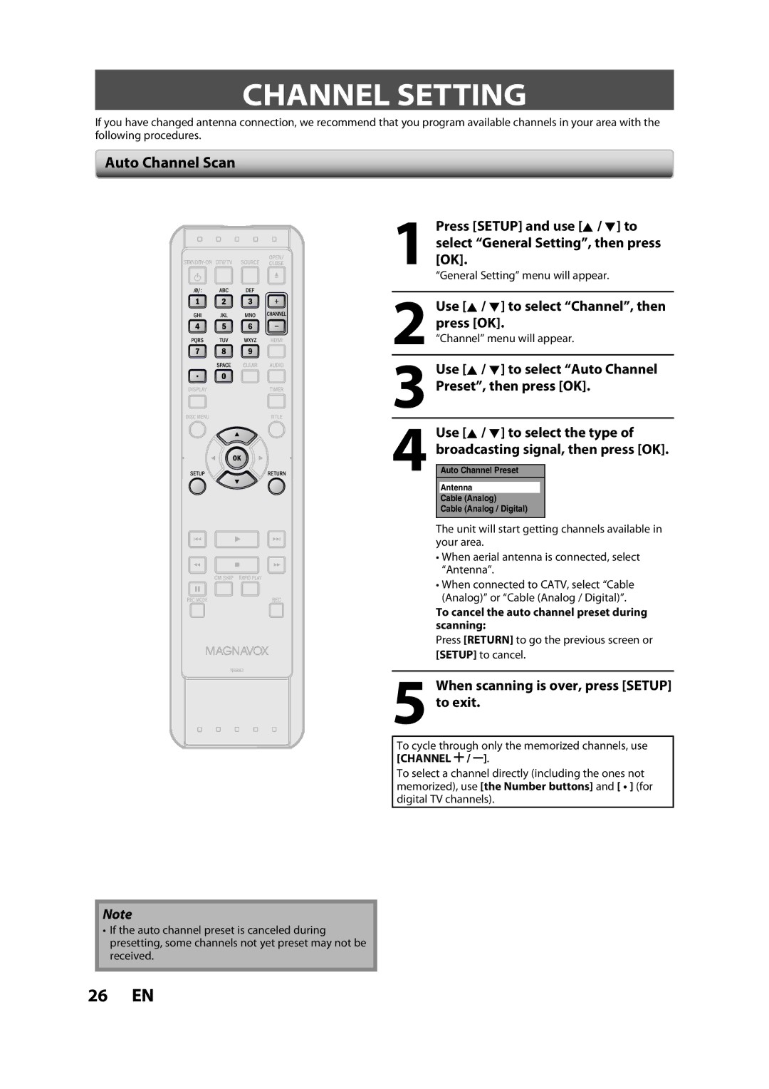 Magnavox ZC357MGX owner manual Channel Setting, Auto Channel Scan 