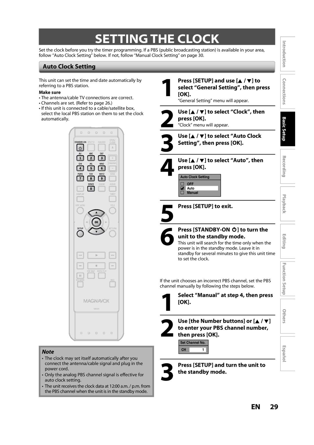 Magnavox ZC357MGX owner manual Setting the Clock, Auto Clock Setting, Press Setup and turn the unit to, Standby mode 