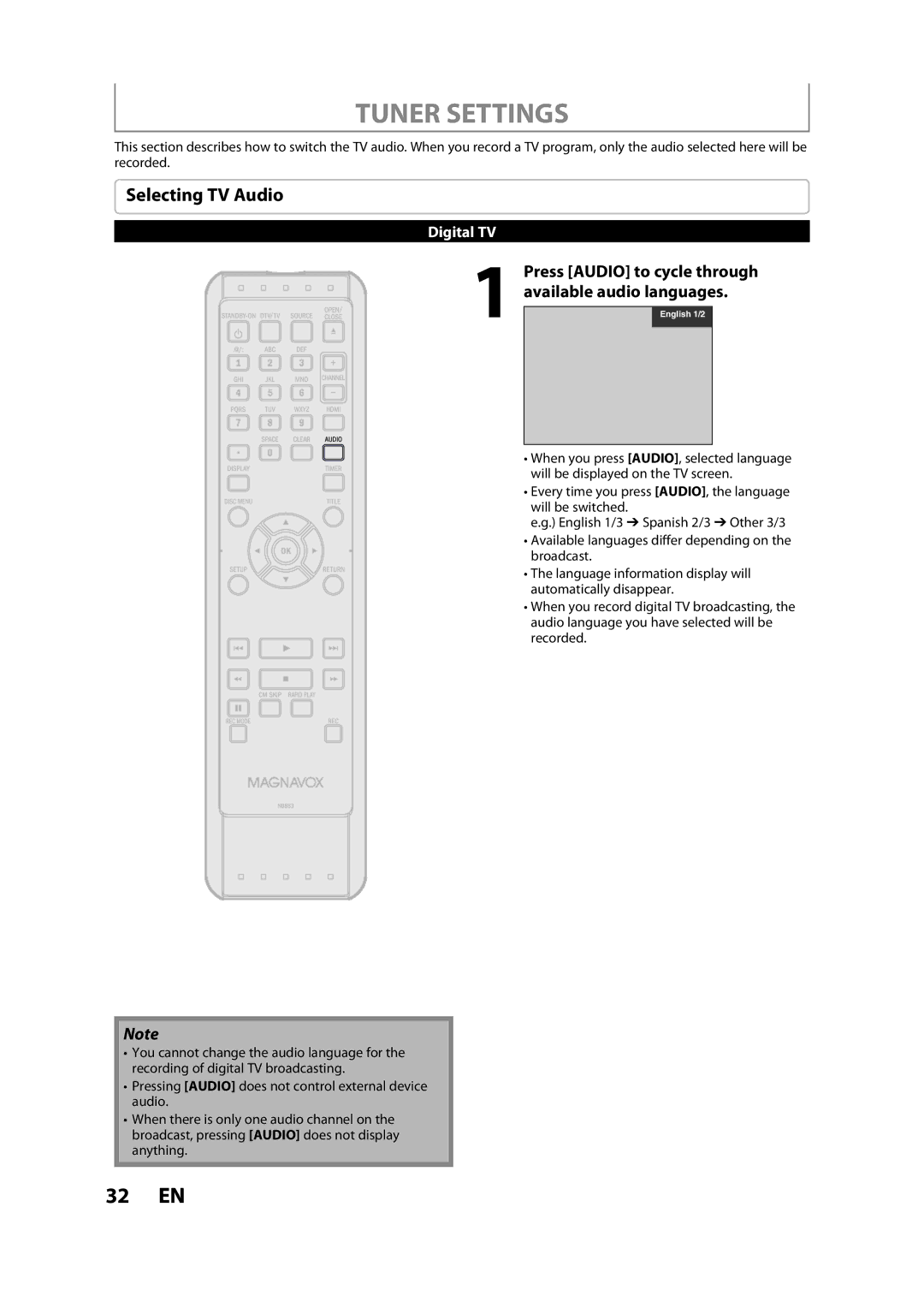 Magnavox ZC357MGX owner manual Tuner Settings, Selecting TV Audio, Press Audio to cycle through available audio languages 