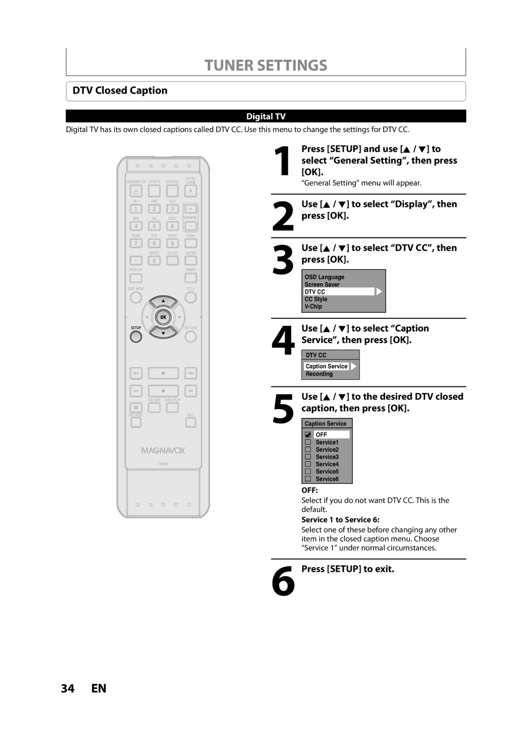 Magnavox ZC357MGX owner manual DTV Closed Caption, Use K / L to select Caption Service, then press OK, Service 1 to Service 