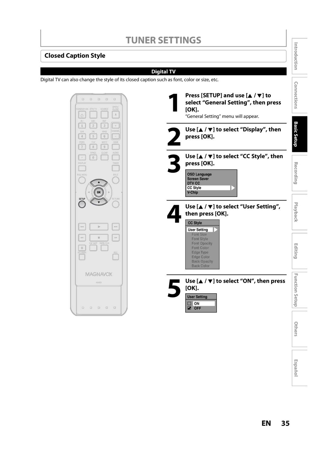 Magnavox ZC357MGX owner manual Closed Caption Style, Use K / L to select User Setting, then press OK 