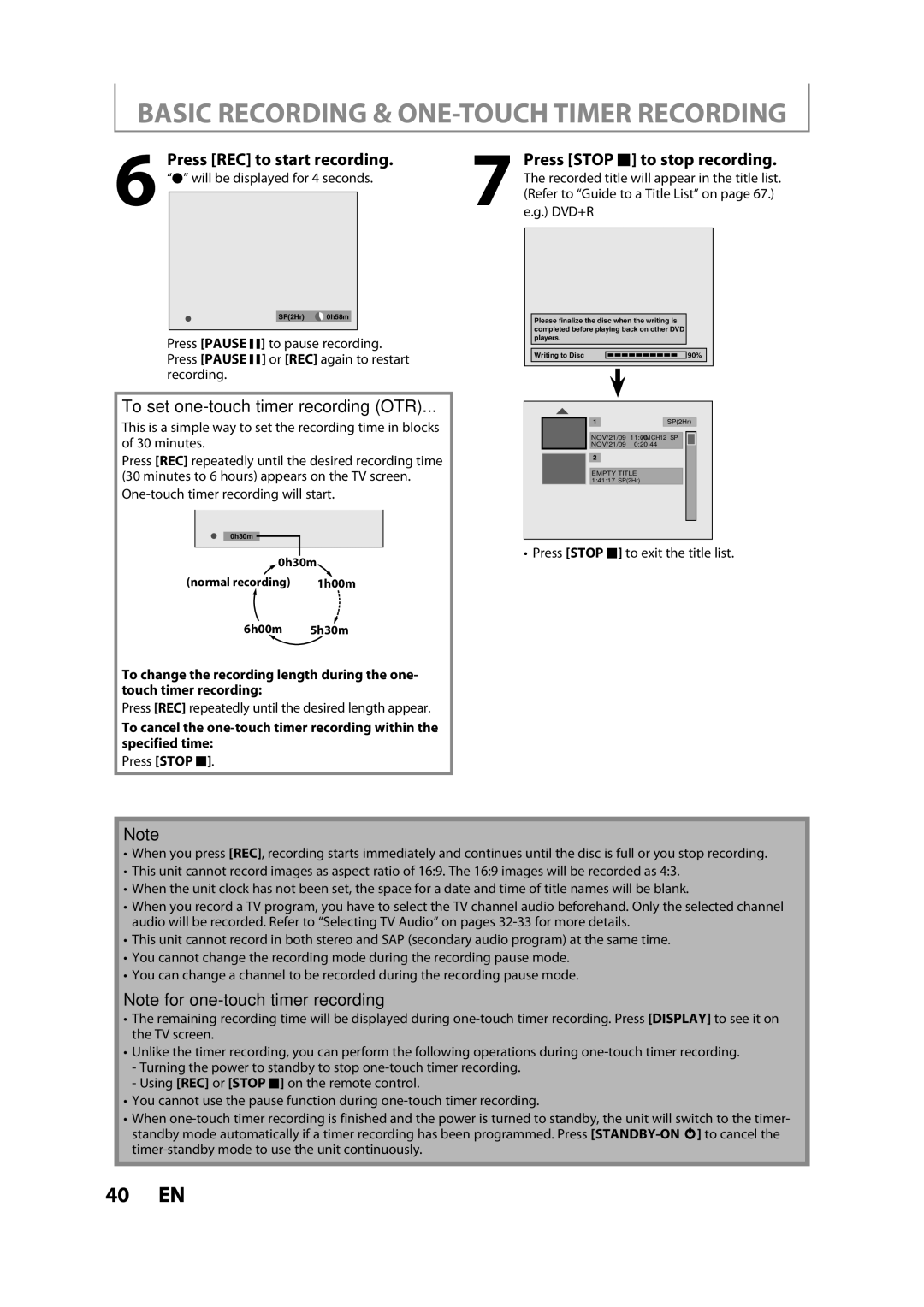 Magnavox ZC357MGX owner manual Press Stop C to exit the title list, Press REC repeatedly until the desired length appear 