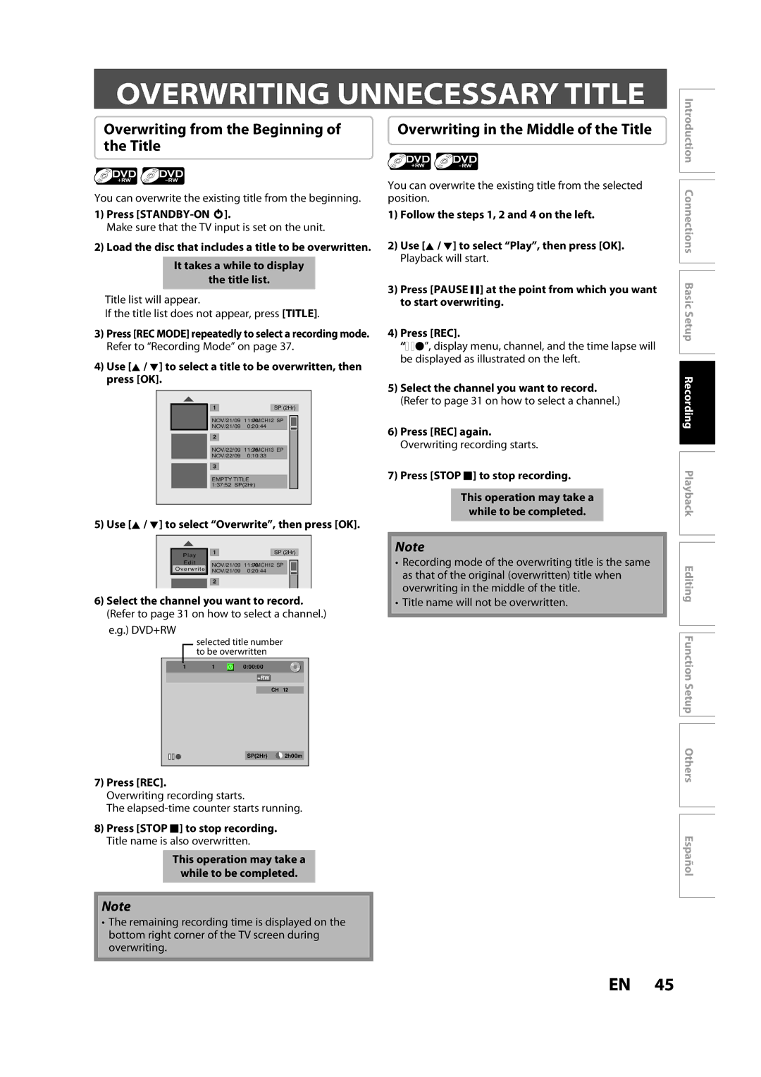 Magnavox ZC357MGX Overwriting Unnecessary Title, Overwriting from the Beginning, Overwriting in the Middle of the Title 