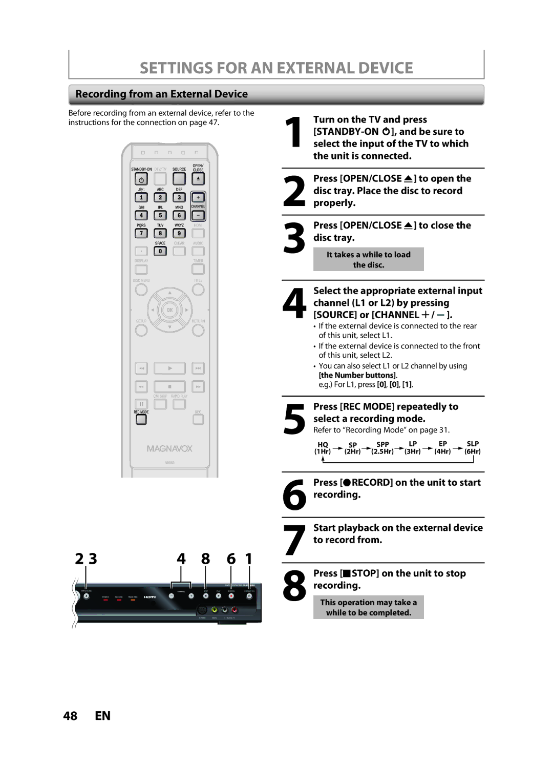 Magnavox ZC357MGX owner manual Settings for AN External Device, Recording from an External Device 