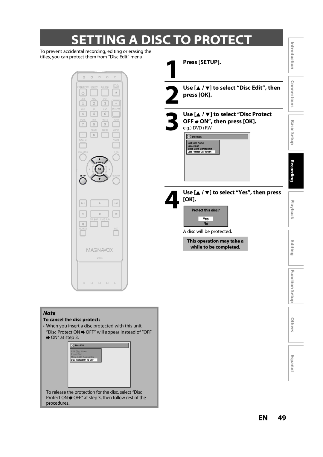 Magnavox ZC357MGX owner manual Setting a Disc to Protect 