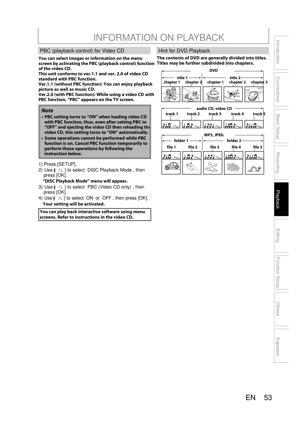 Magnavox ZC357MGX owner manual Information on Playback, PBC playback control for Video CD, Hint for DVD Playback 