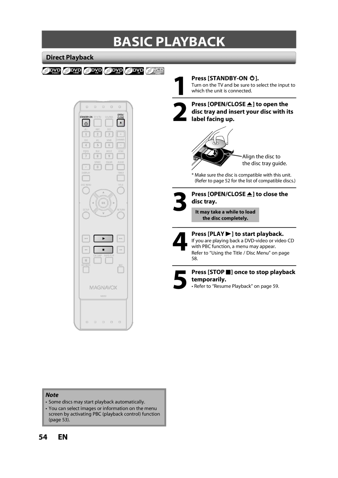 Magnavox ZC357MGX owner manual Basic Playback, Direct Playback, Press STANDBY-ON y, Press Play B to start playback 