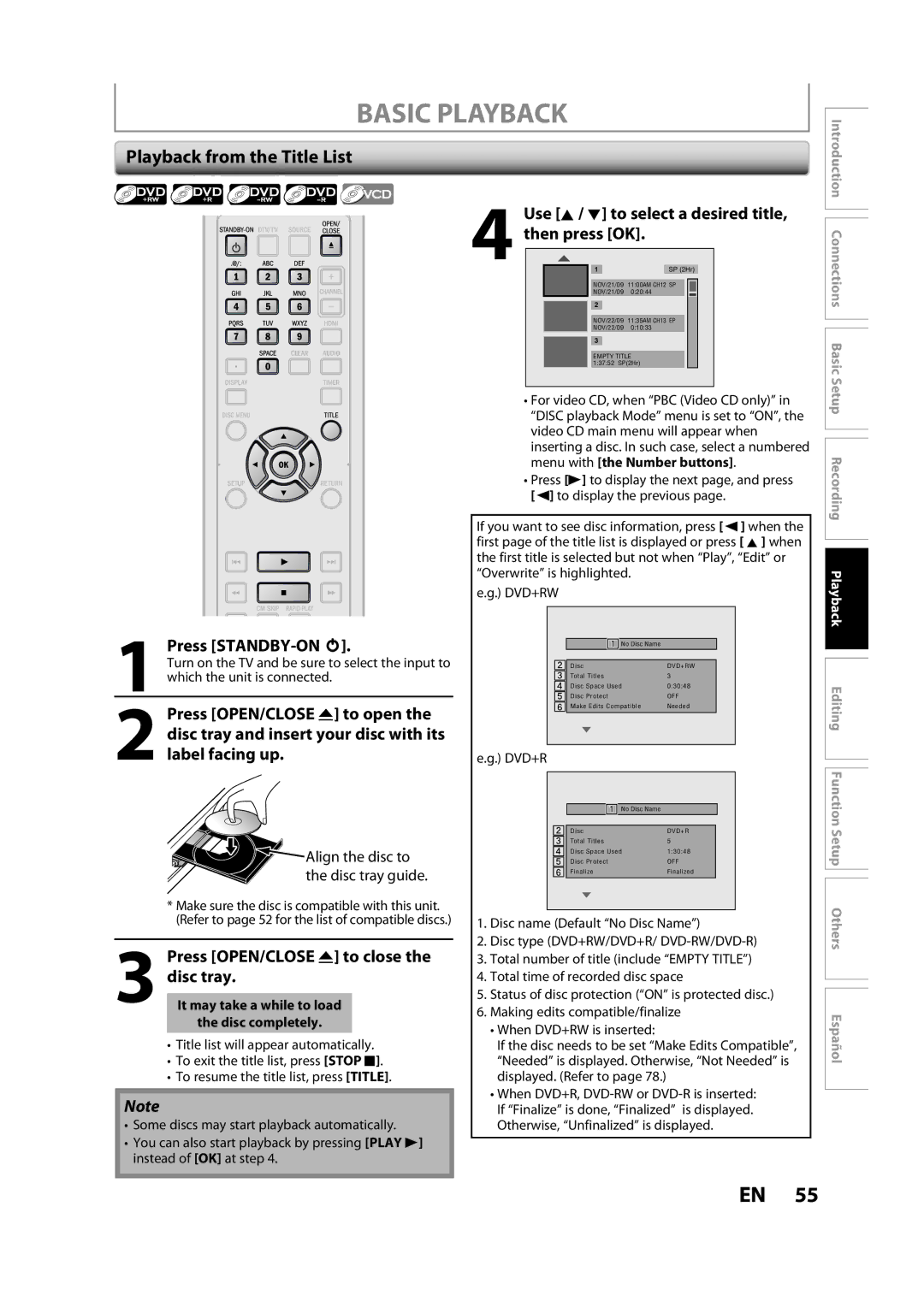 Magnavox ZC357MGX Basic Playback, Playback from the Title List, Then press OK, Use K / L to select a desired title 