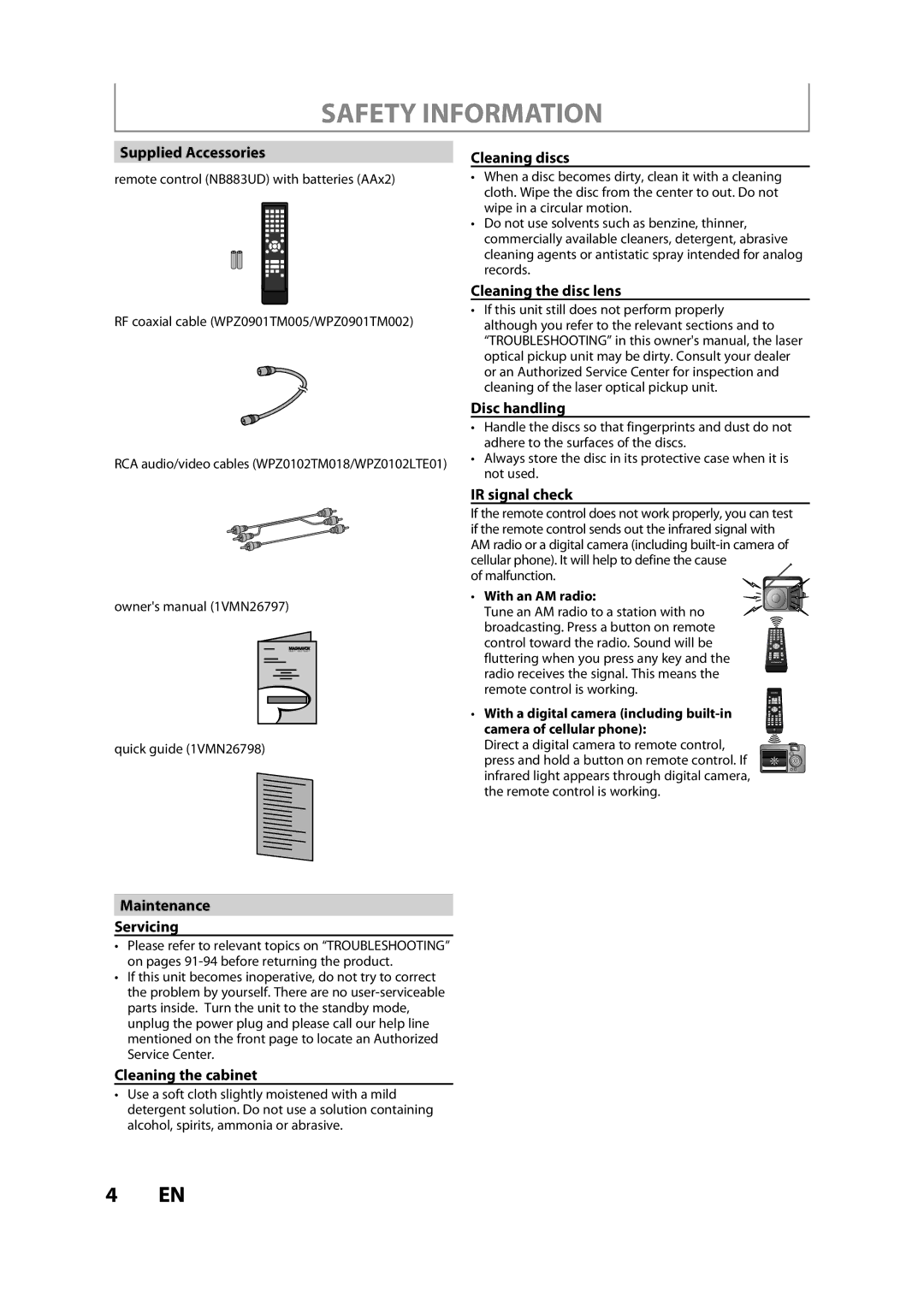 Magnavox ZC357MGX owner manual Supplied Accessories, Cleaning discs, Cleaning the disc lens Disc handling, IR signal check 