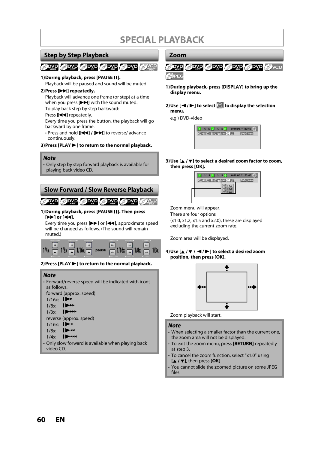 Magnavox ZC357MGX owner manual Special Playback, Step by Step Playback, Slow Forward / Slow Reverse Playback, Zoom 