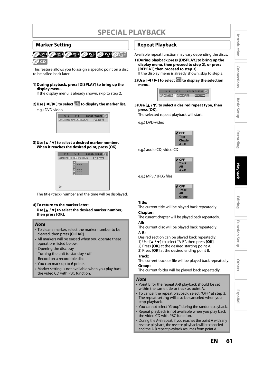 Magnavox ZC357MGX owner manual Marker Setting, Repeat Playback 