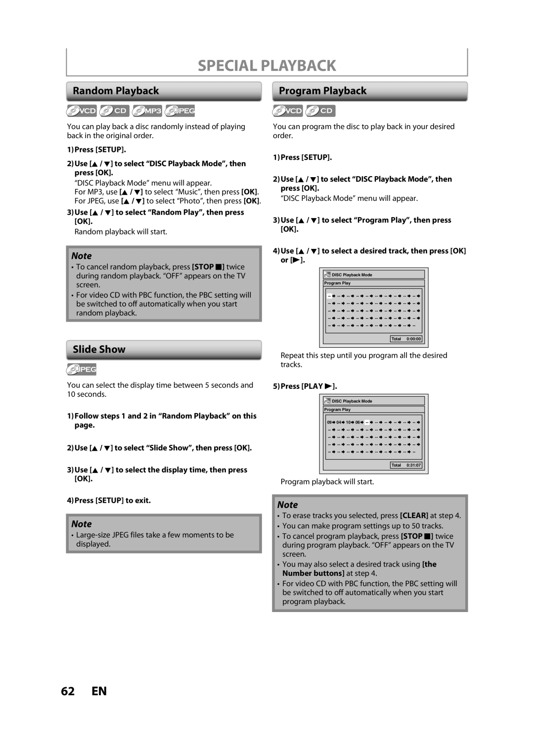 Magnavox ZC357MGX owner manual Random Playback, Slide Show, Program Playback 