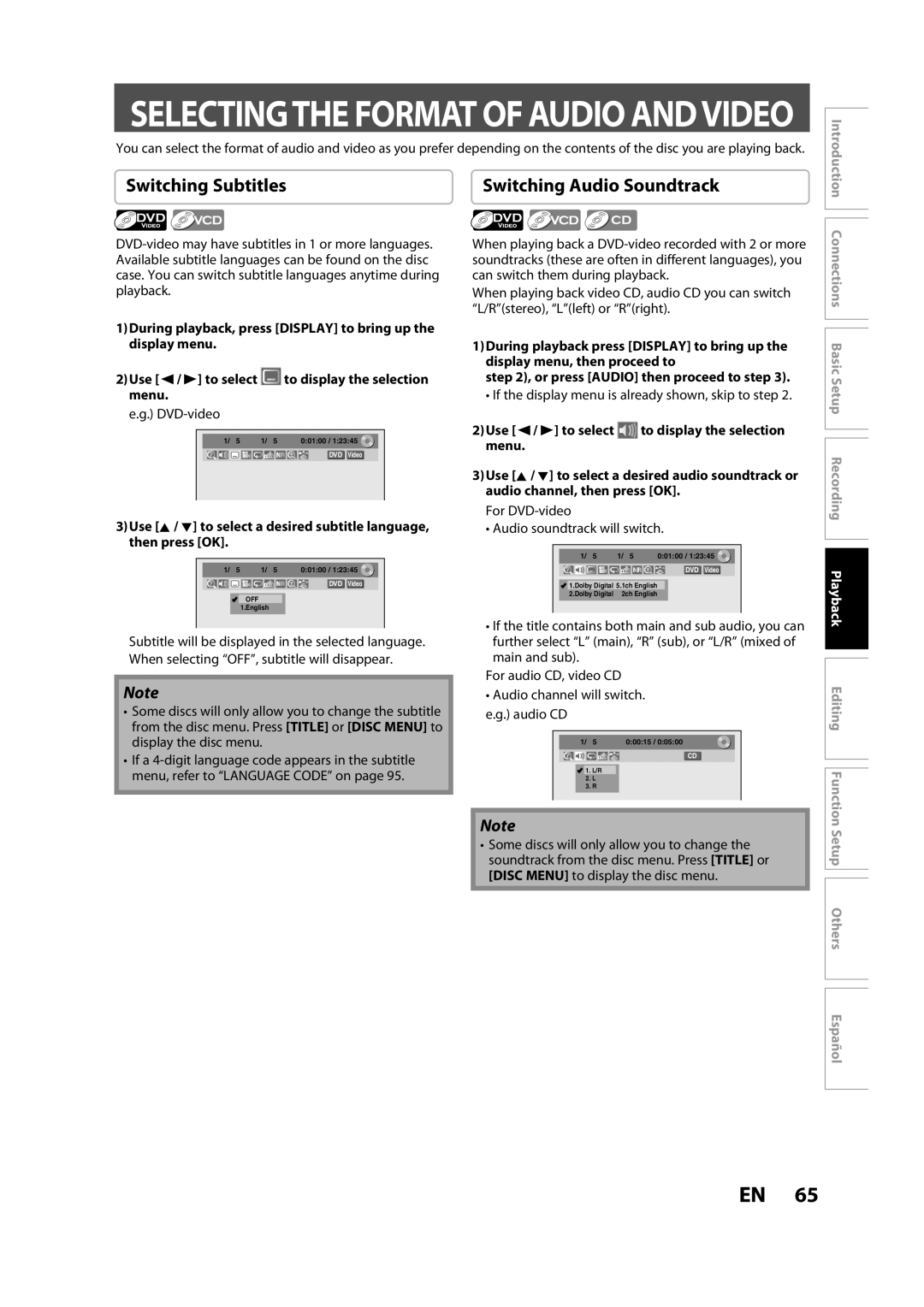 Magnavox ZC357MGX owner manual Switching Subtitles, Switching Audio Soundtrack, For DVD-video Audio soundtrack will switch 