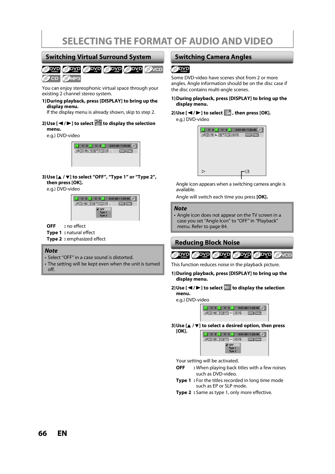 Magnavox ZC357MGX Selecting the Format of Audio and Video, Switching Virtual Surround System, Reducing Block Noise 