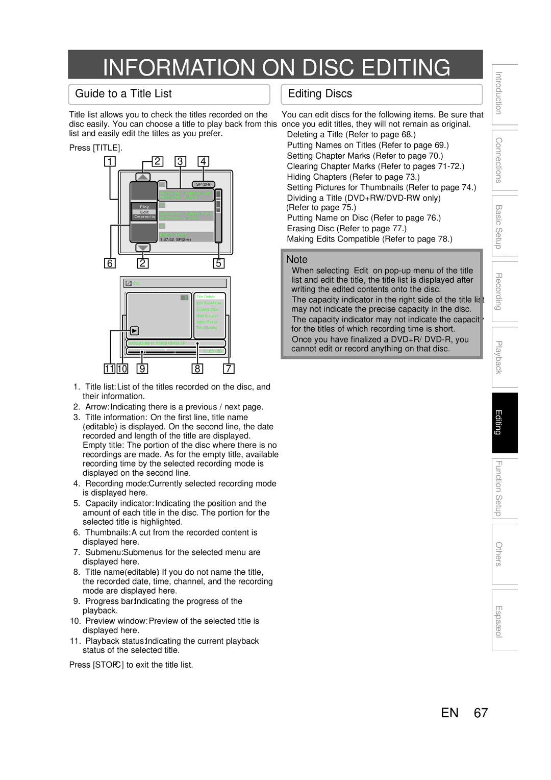 Magnavox ZC357MGX owner manual Information on Disc Editing, Guide to a Title List, Editing Discs, Press Title 