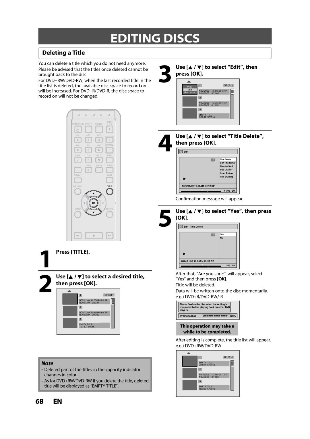 Magnavox ZC357MGX owner manual Editing Discs, Deleting a Title, Press Title, Use K / L to select Edit, then 