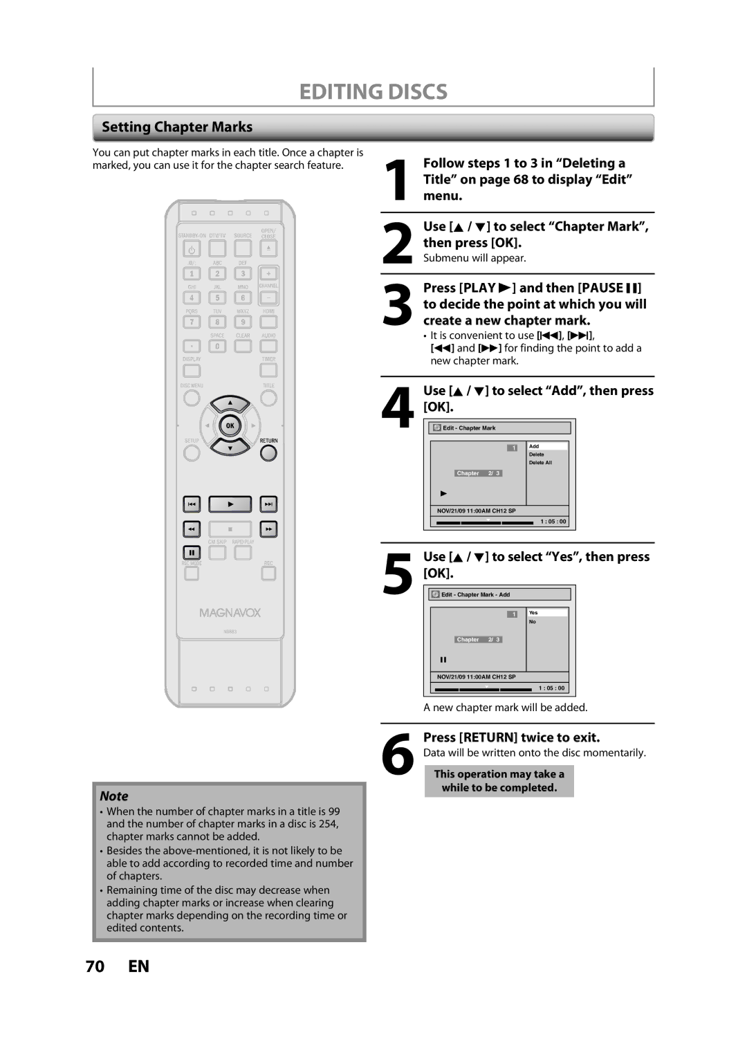 Magnavox ZC357MGX owner manual Setting Chapter Marks, Use K / L to select Add, then press OK, Press Return twice to exit 