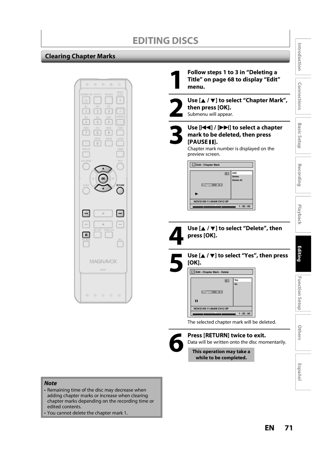 Magnavox ZC357MGX owner manual Clearing Chapter Marks 