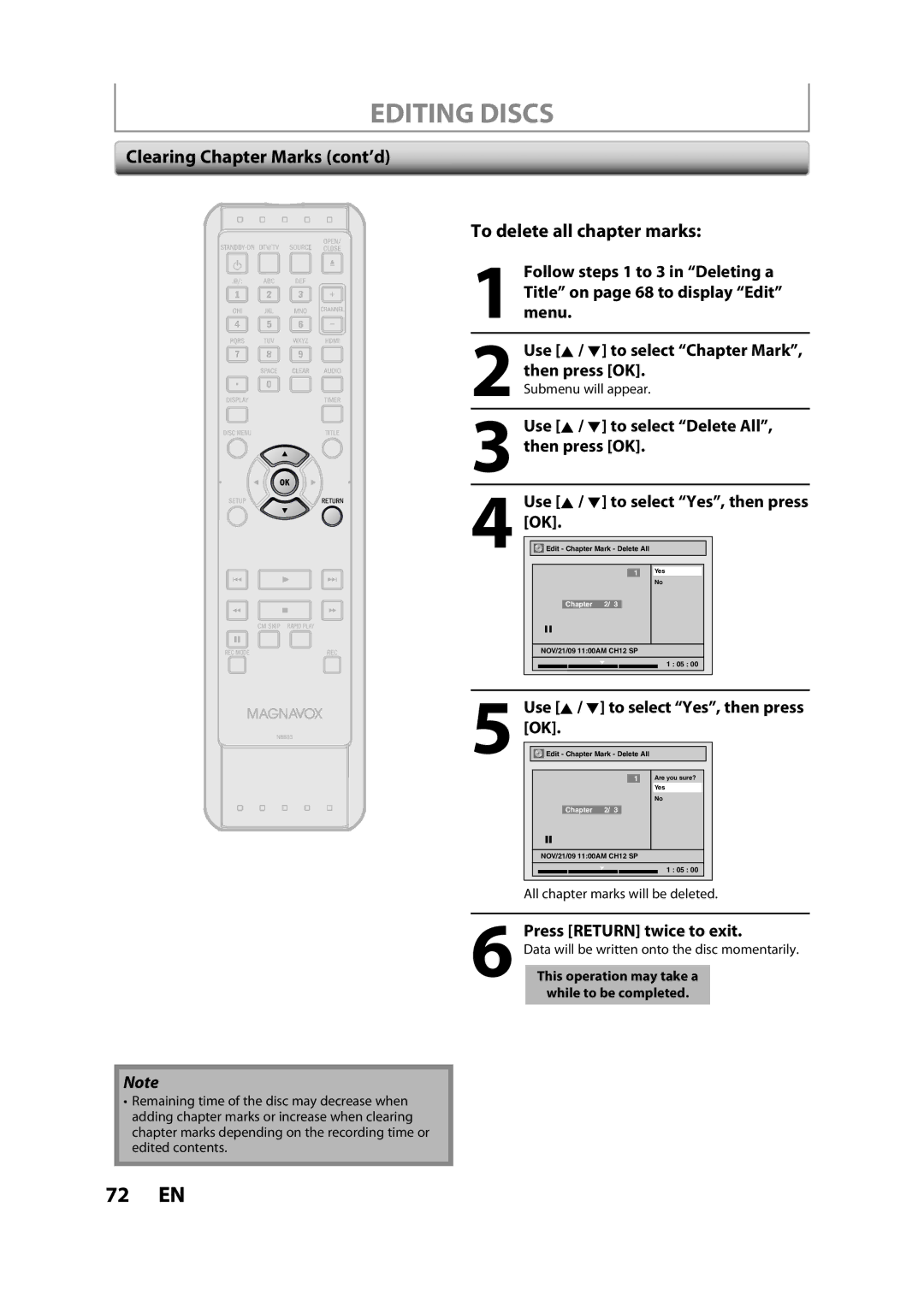 Magnavox ZC357MGX Clearing Chapter Marks cont’d, To delete all chapter marks, All chapter marks will be deleted 