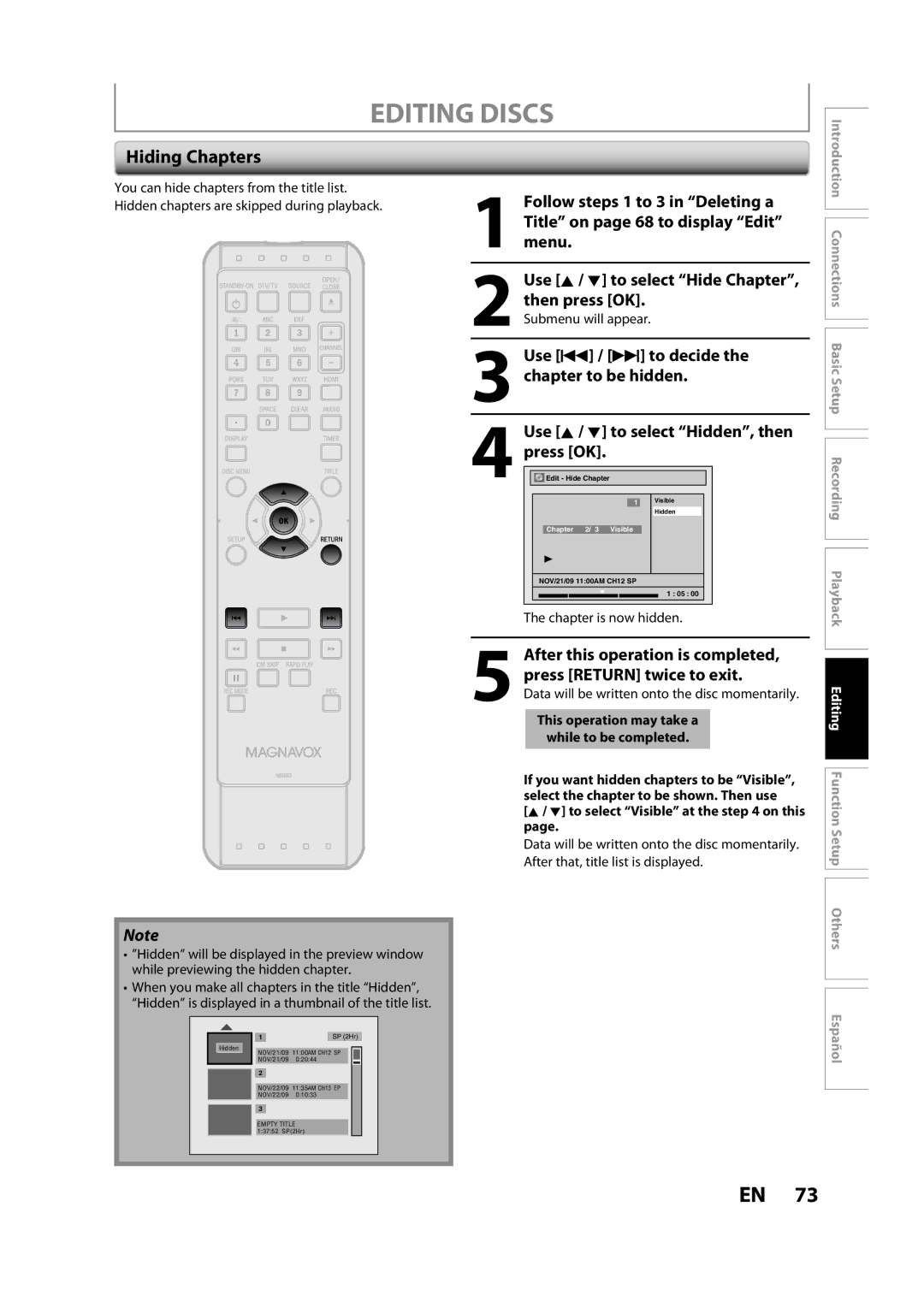 Magnavox ZC357MGX owner manual Hiding Chapters, Chapter is now hidden 