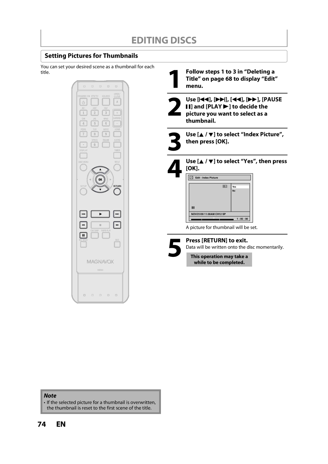 Magnavox ZC357MGX owner manual Setting Pictures for Thumbnails, Press Return to exit, Picture for thumbnail will be set 