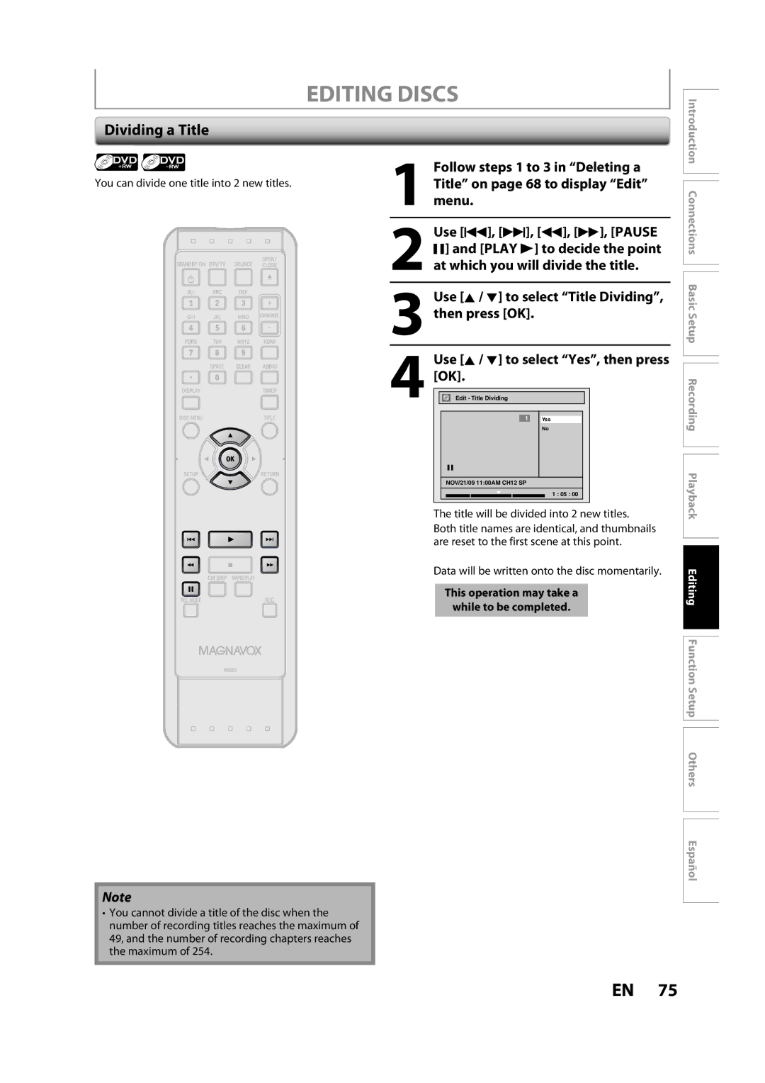 Magnavox ZC357MGX owner manual Dividing a Title, Follow steps 1 to 3 in Deleting a, Menu, Use H, G, E, D, Pause 