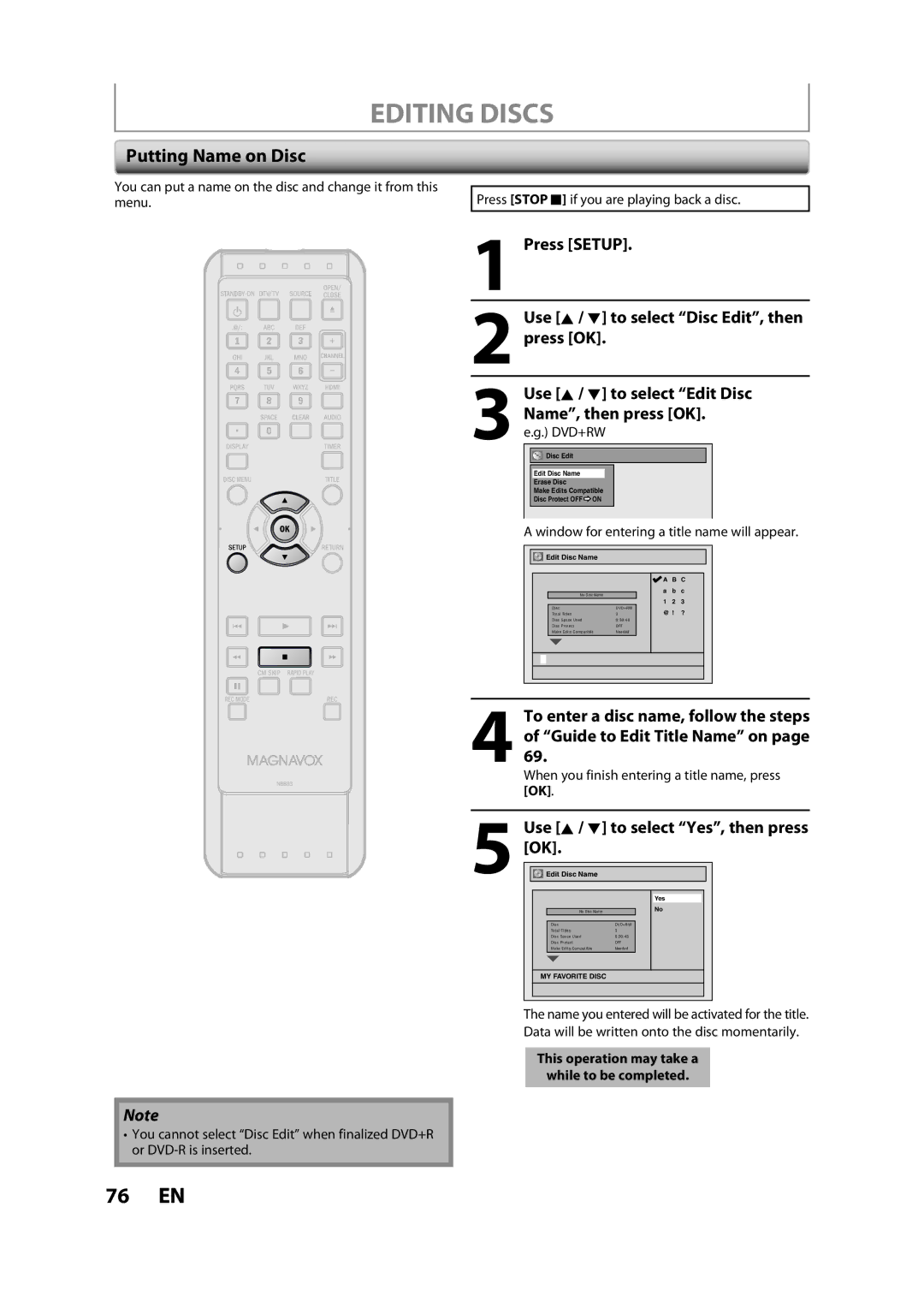 Magnavox ZC357MGX Putting Name on Disc, Name, then press OK. e.g. DVD+RW, Window for entering a title name will appear 