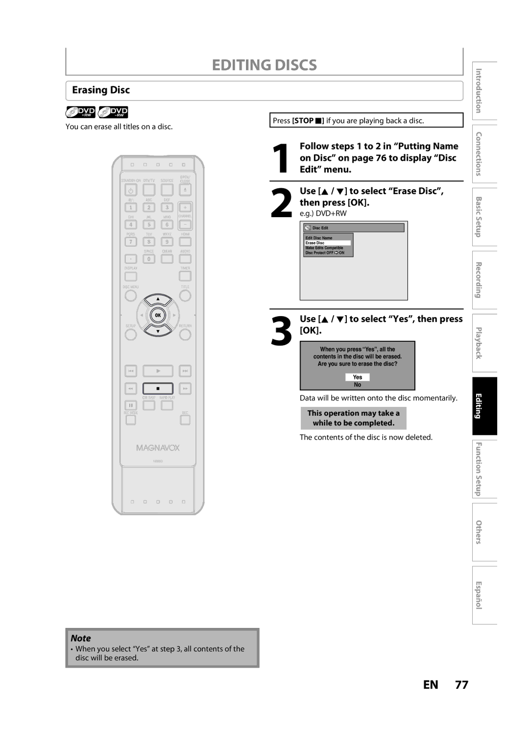 Magnavox ZC357MGX owner manual Erasing Disc, Contents of the disc is now deleted 