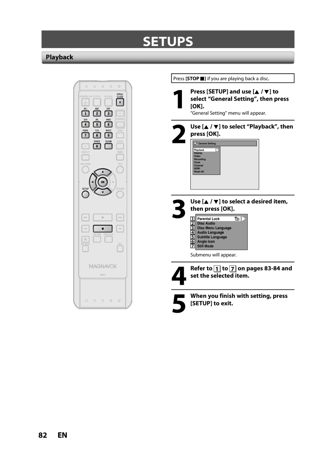 Magnavox ZC357MGX owner manual Setups, Use K / L to select Playback, then press OK 