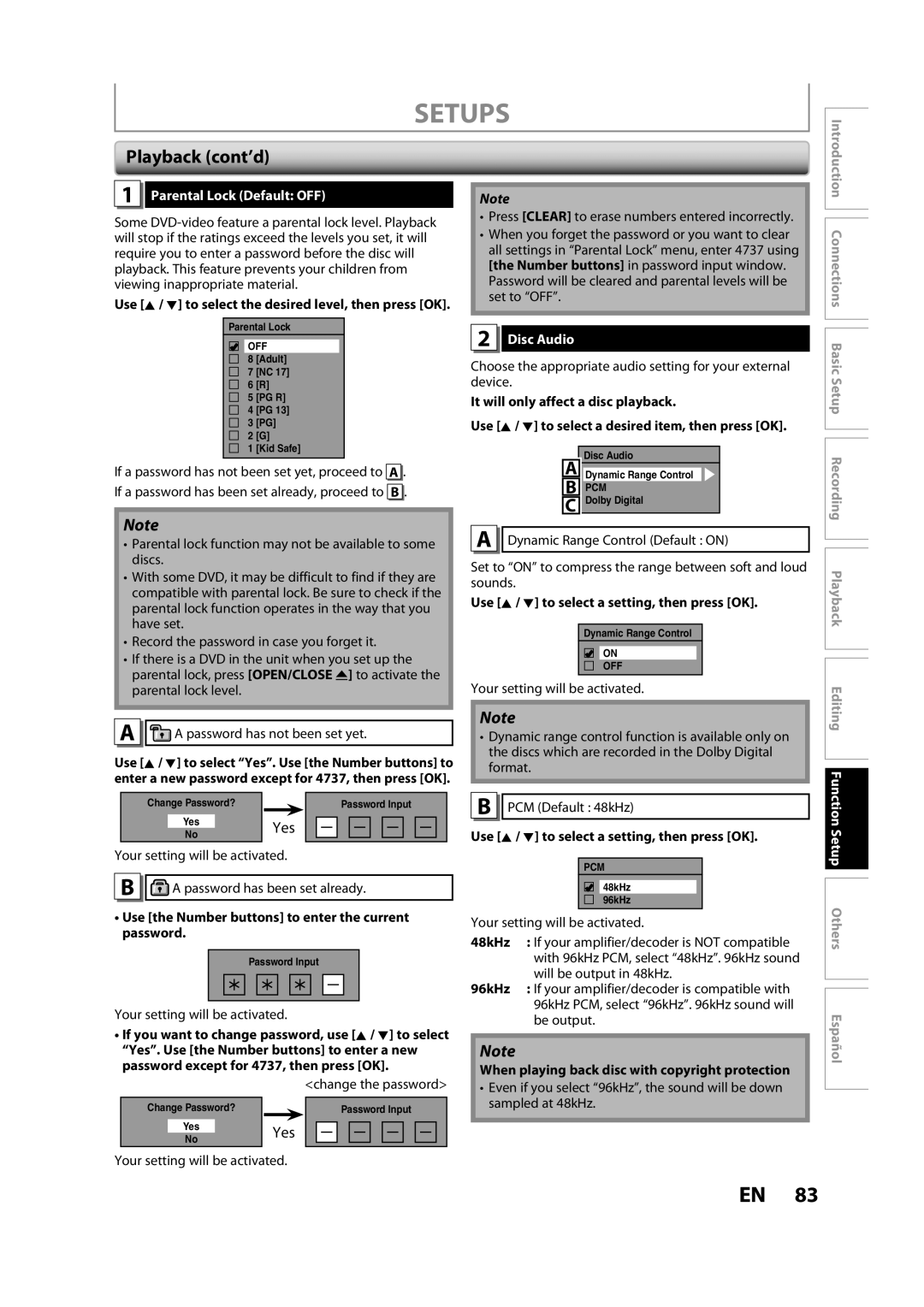 Magnavox ZC357MGX owner manual Setups, Playback cont’d, Yes, Parental Lock Default OFF, Disc Audio 