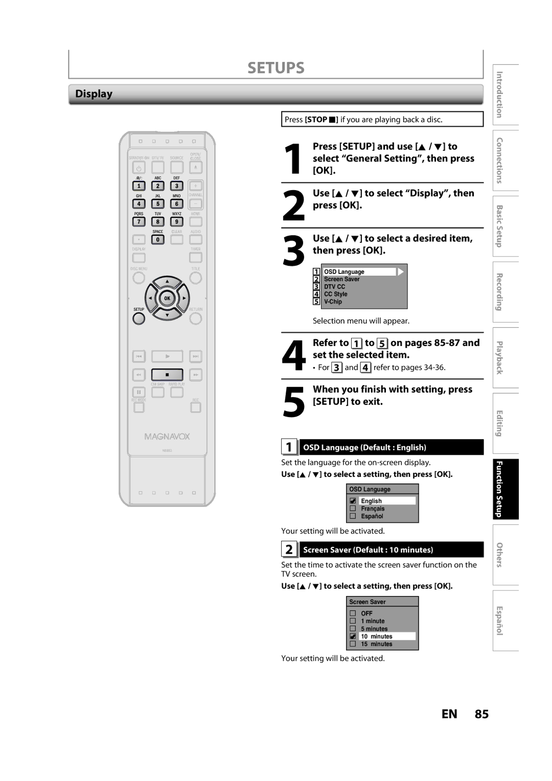 Magnavox ZC357MGX owner manual Display, Use K / L to select a desired item, On pages 85-87, Refer to 