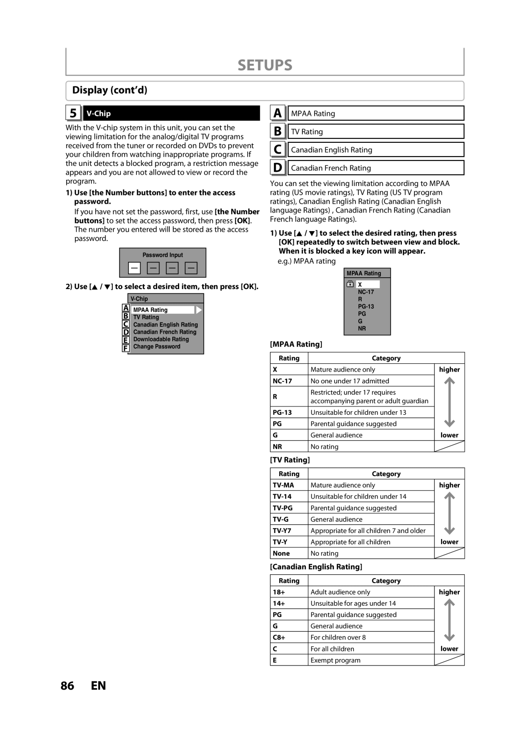 Magnavox ZC357MGX owner manual Display cont’d, Chip, Use the Number buttons to enter the access password, Mpaa Rating 