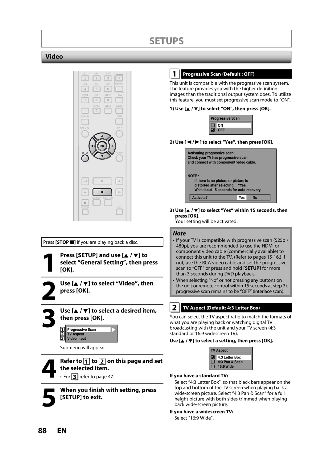 Magnavox ZC357MGX owner manual Video, Selected item, Refer to 1 to 2 on this page and set, Progressive Scan Default OFF 