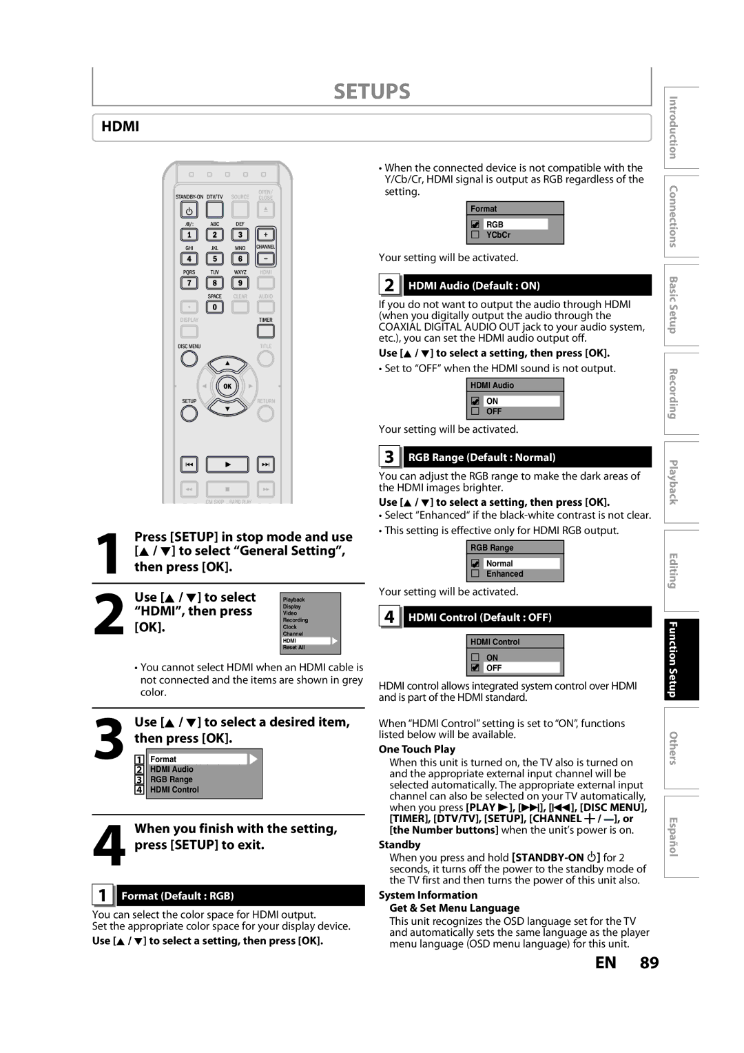 Magnavox ZC357MGX owner manual HDMI, then press, When you finish with the setting, press Setup to exit 