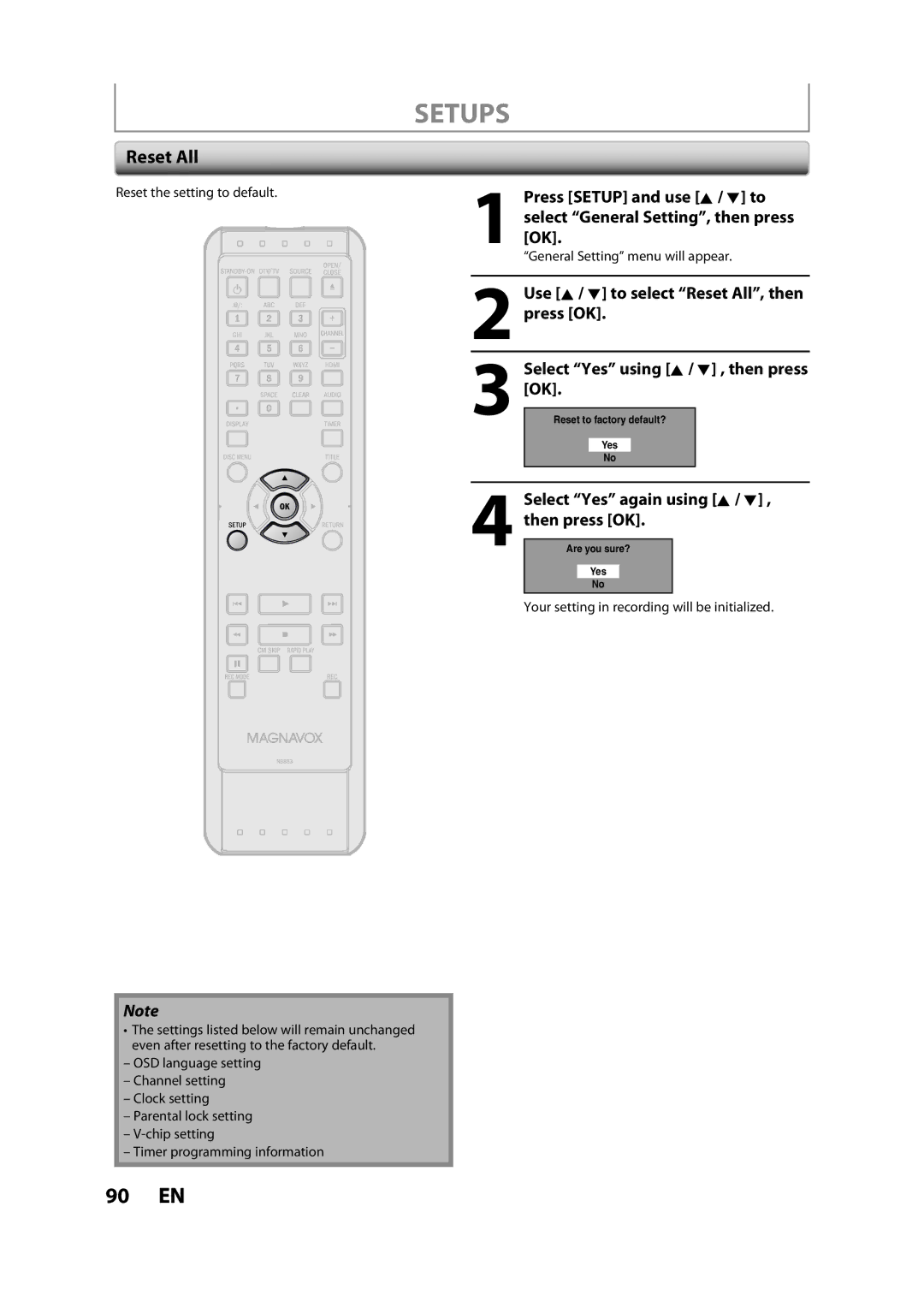 Magnavox ZC357MGX owner manual Reset All, Select Yes again using K / L , then press OK, Reset the setting to default 