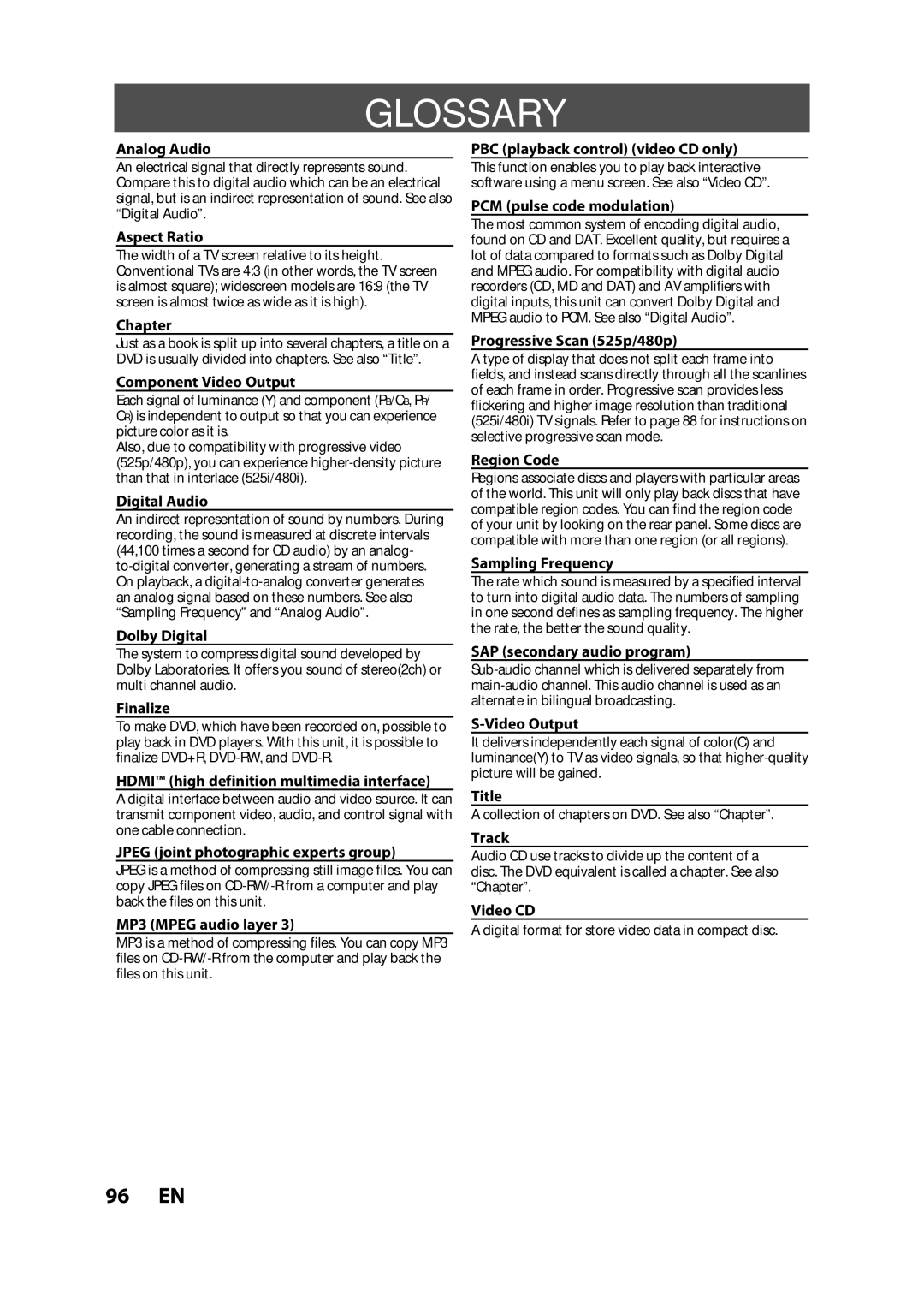 Magnavox ZC357MGX owner manual Glossary 