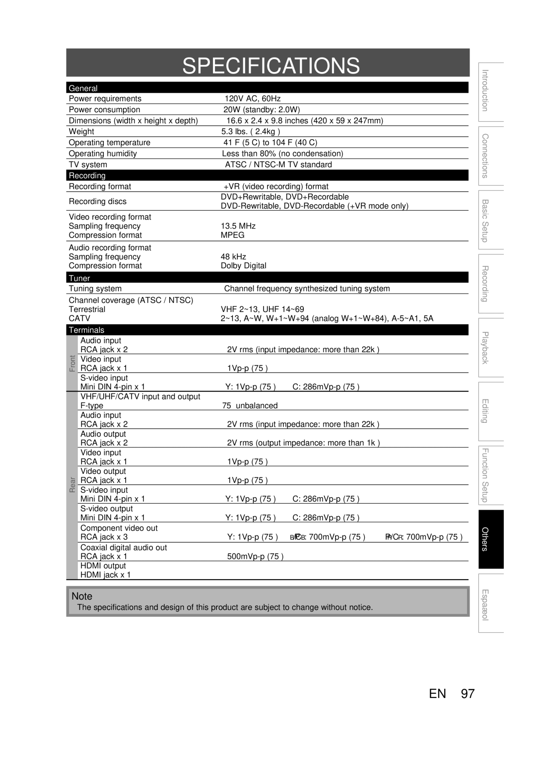 Magnavox ZC357MGX owner manual Specifications, General, Recording, Tuner, Terminals 