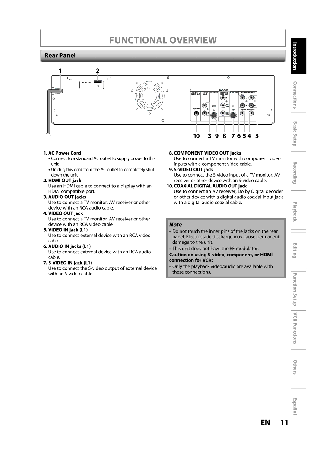 Magnavox ZV427MG9 A owner manual Functional Overview, Rear Panel, 10 3 9 8 7 6 5 4, Introduction Connections 