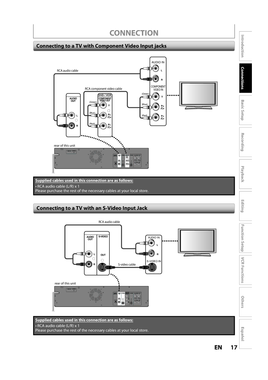 Magnavox ZV427MG9 A Connecting to a TV with Component Video Input jacks, Connecting to a TV with an S-Video Input Jack 