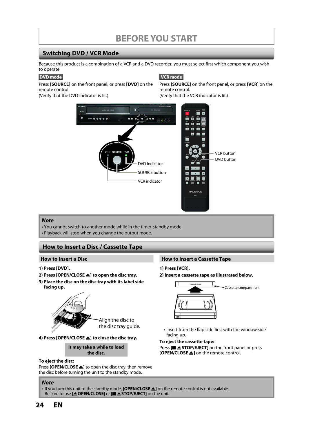 Magnavox ZV427MG9 A Switching DVD / VCR Mode, How to Insert a Disc / Cassette Tape, How to Insert a Cassette Tape 