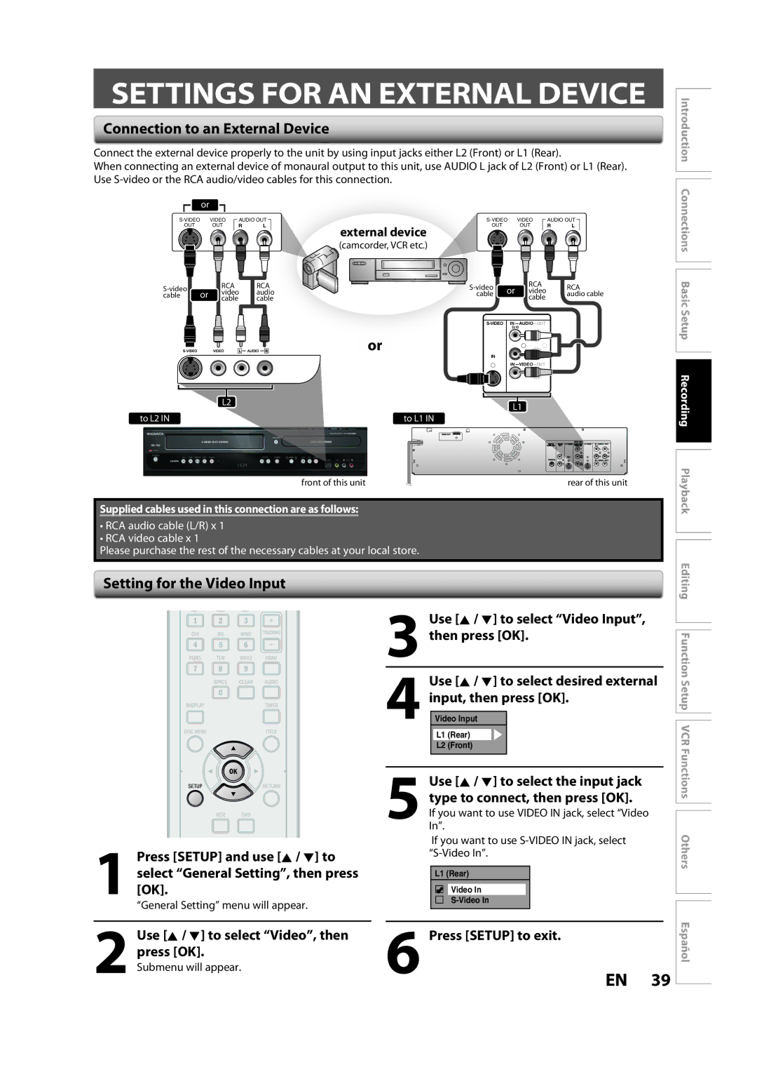 Magnavox ZV427MG9 A Settings for AN External Device, Connection to an External Device, Setting for the Video Input 