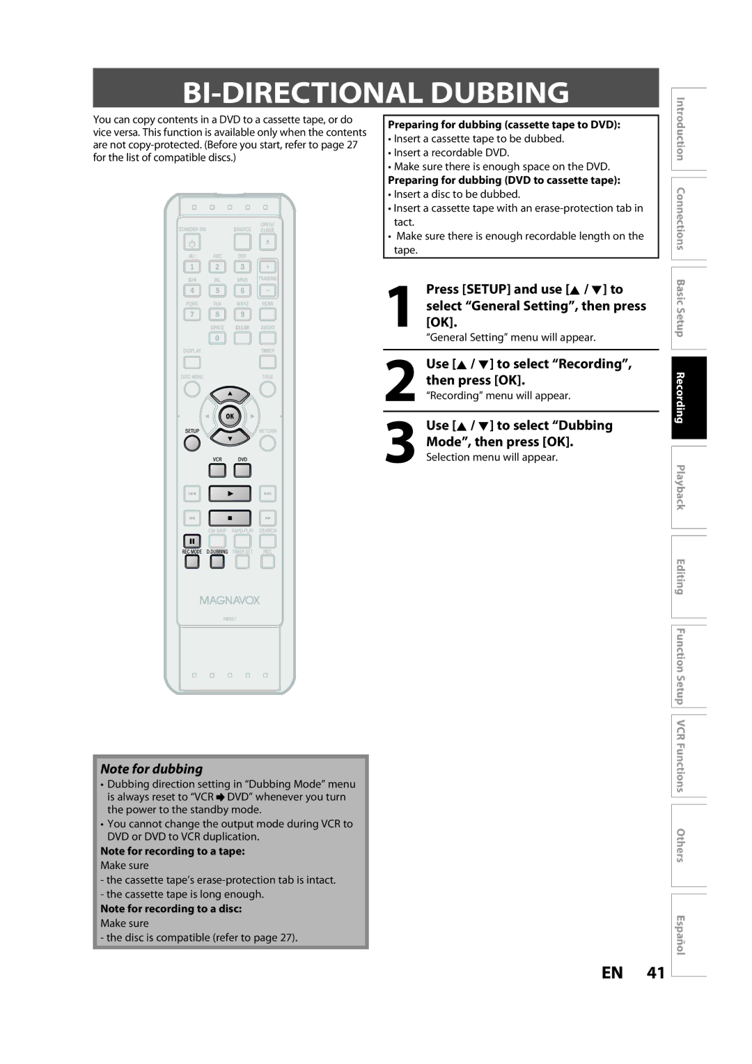 Magnavox ZV427MG9 A owner manual BI-DIRECTIONAL Dubbing, Use K / L to select Recording, then press OK 