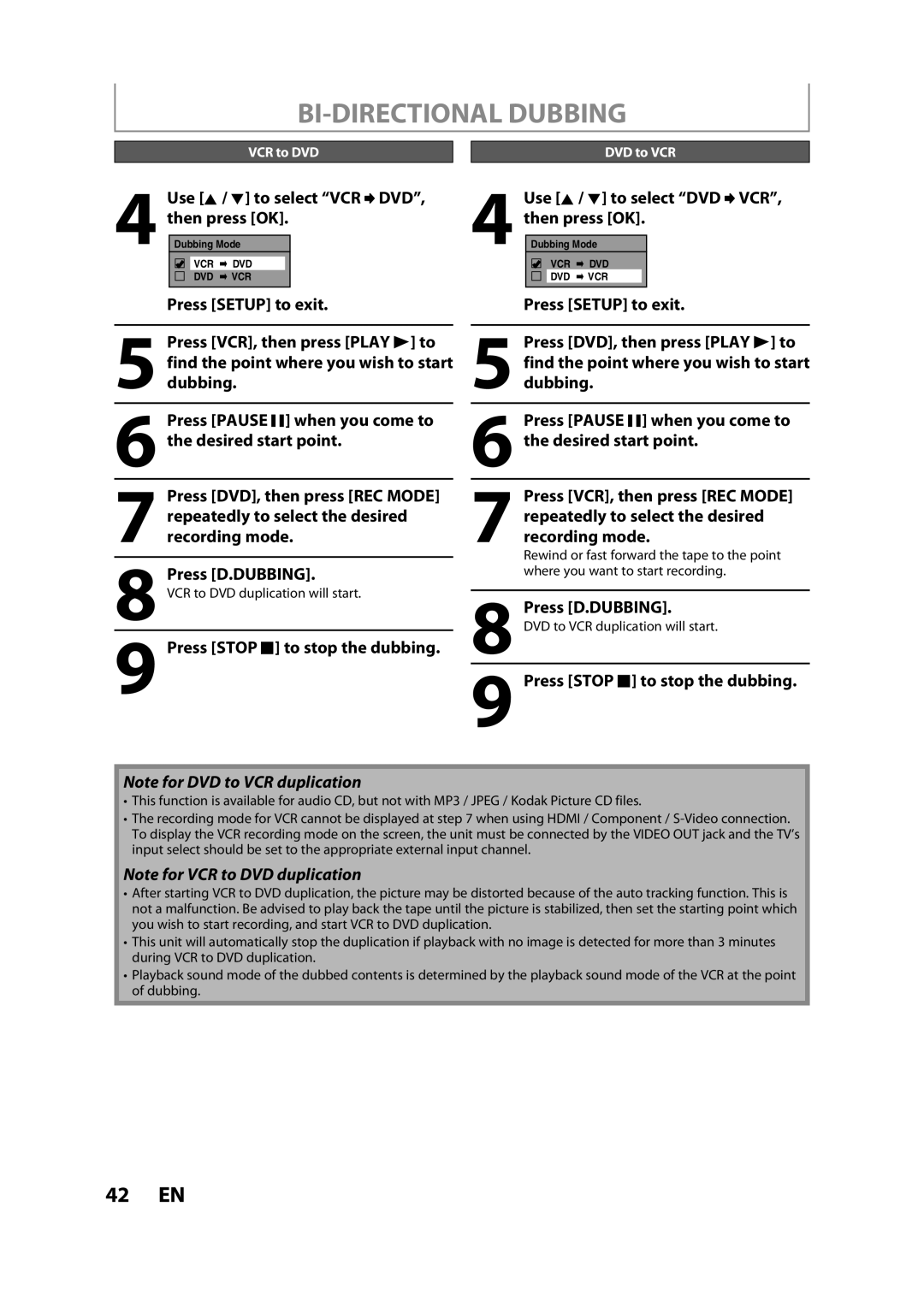 Magnavox ZV427MG9 A owner manual BI-DIRECTIONAL Dubbing 