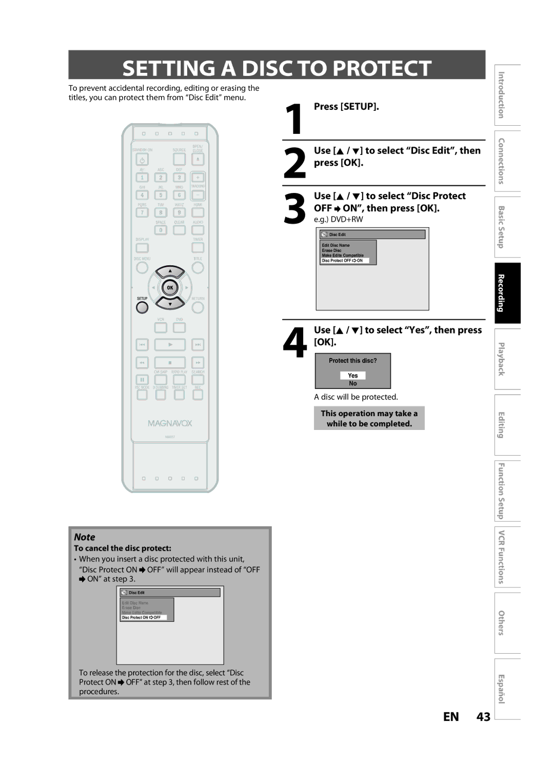 Magnavox ZV427MG9 A Setting a Disc to Protect, Press Setup, Use K / L to select Disc Protect, OFF ON, then press OK 